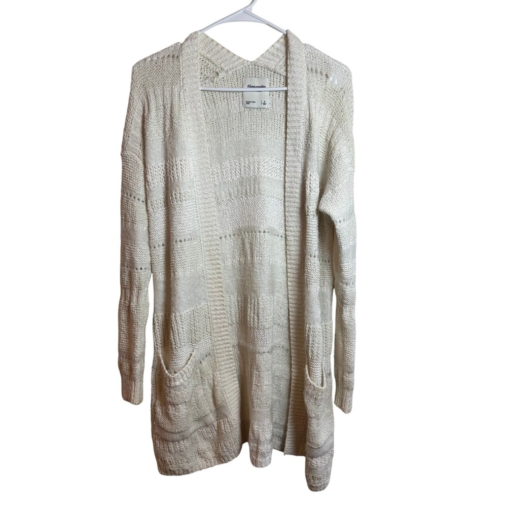 Abercrombie & Fitch Womens Small Cream Striped Knit Open Front Cardigan Sweater